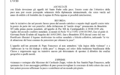 Delibera dell’Assemblea UCID Nazionale a sostegno delle azioni per la pace del Santo Padre Francesco.Bologna, 7 luglio 2023