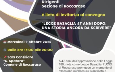 Legge Basaglia 47 anni dopo: una storia ancora da scrivere.Evento Sezione UCID di Roccaraso.1 ottobre 2025 ore 17,00